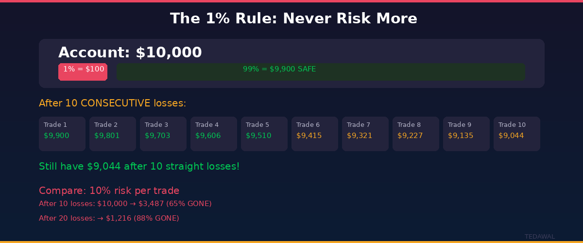 قاعدة 1% لإدارة المخاطر في الفوركس - كيف تحمي حسابك بعد 10 خسائر متتالية