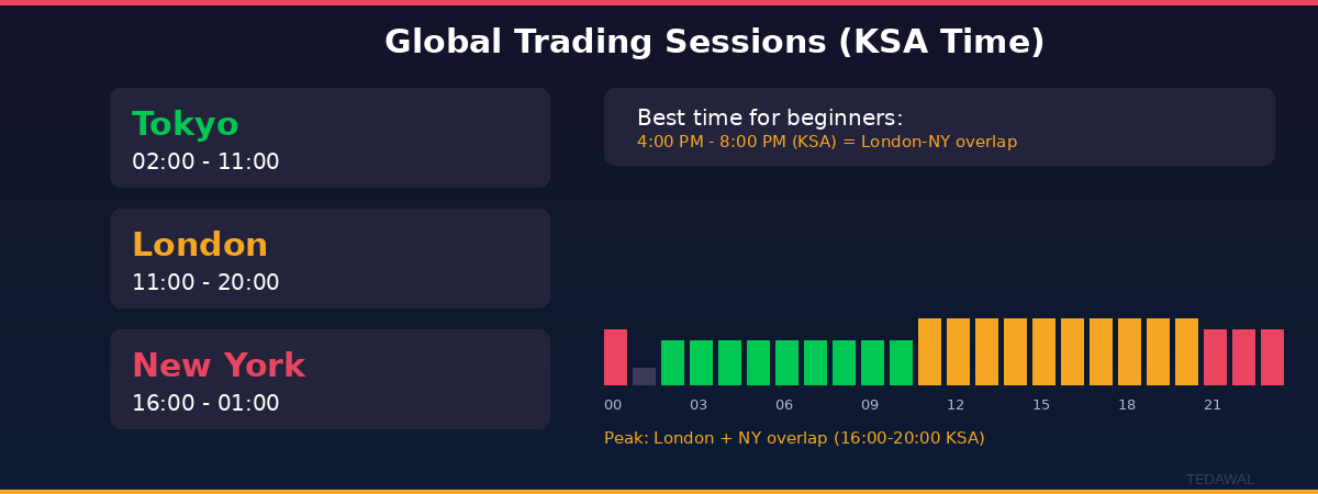 جلسات تداول الفوركس العالمية بتوقيت السعودية - طوكيو ولندن ونيويورك وأوقات التداخل